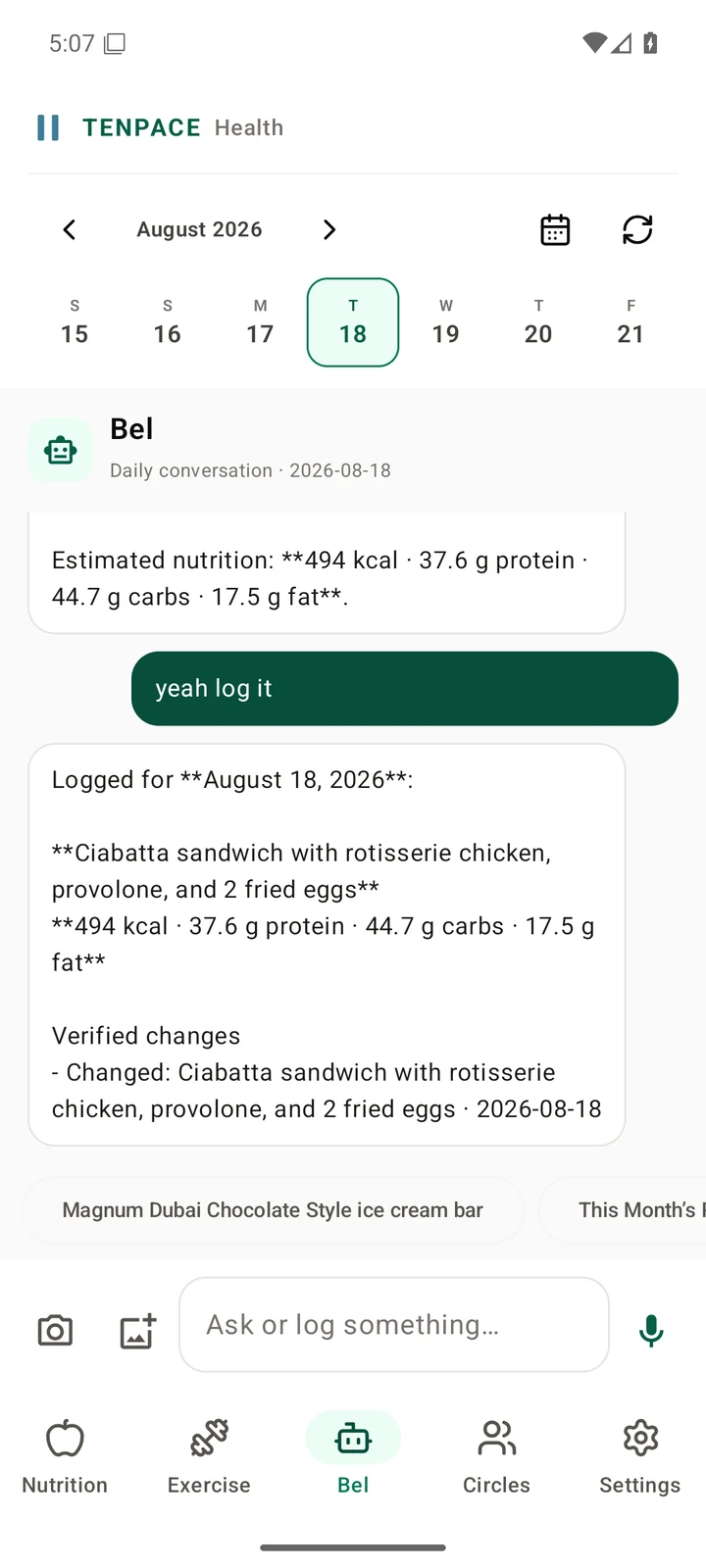 Tenpace Health Android Bel screen showing a food estimate, a request to log it, and a verified nutrition change receipt