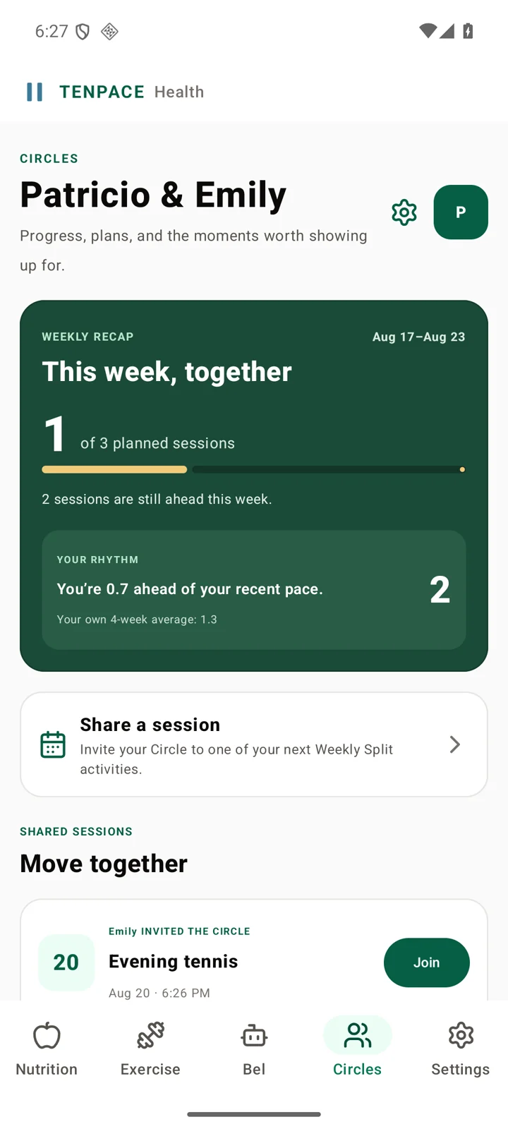 Tenpace Health Android Circles wall showing a weekly recap, self-relative rhythm, and a shared tennis session