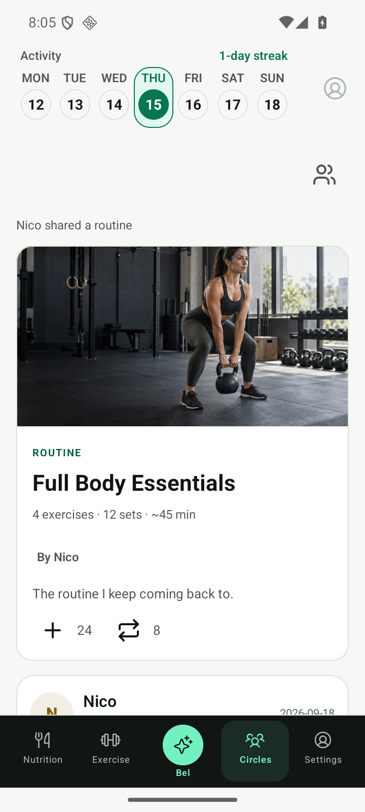 Tenpace Health Android Circles feed showing a shared routine by Nico and a completed strength session