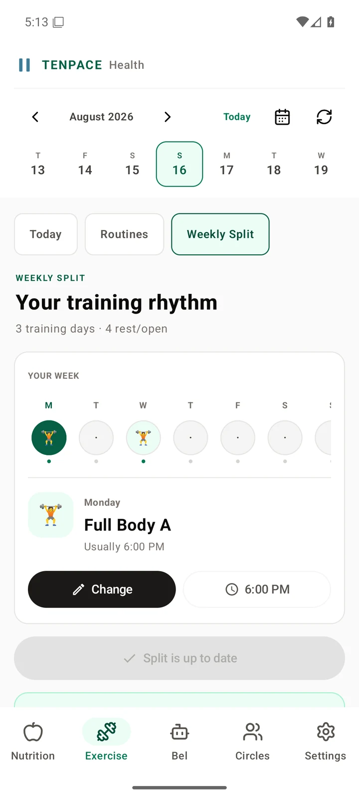 Tenpace Health Android Weekly Split screen showing three training days and the Monday Full Body A routine