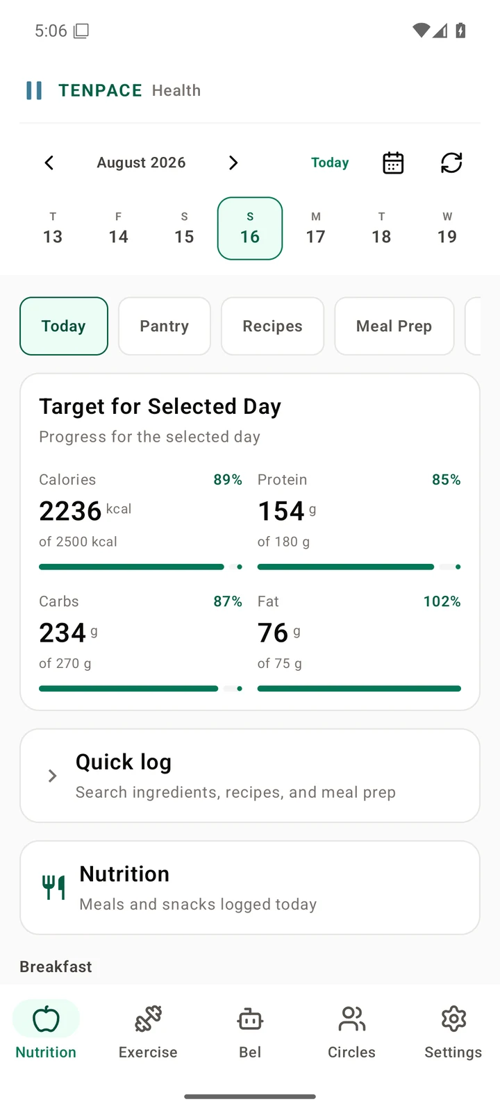 Tenpace Health Android Nutrition screen showing the date carousel, Meal Prep tab, daily calorie and macro progress, Quick Log, and bottom navigation